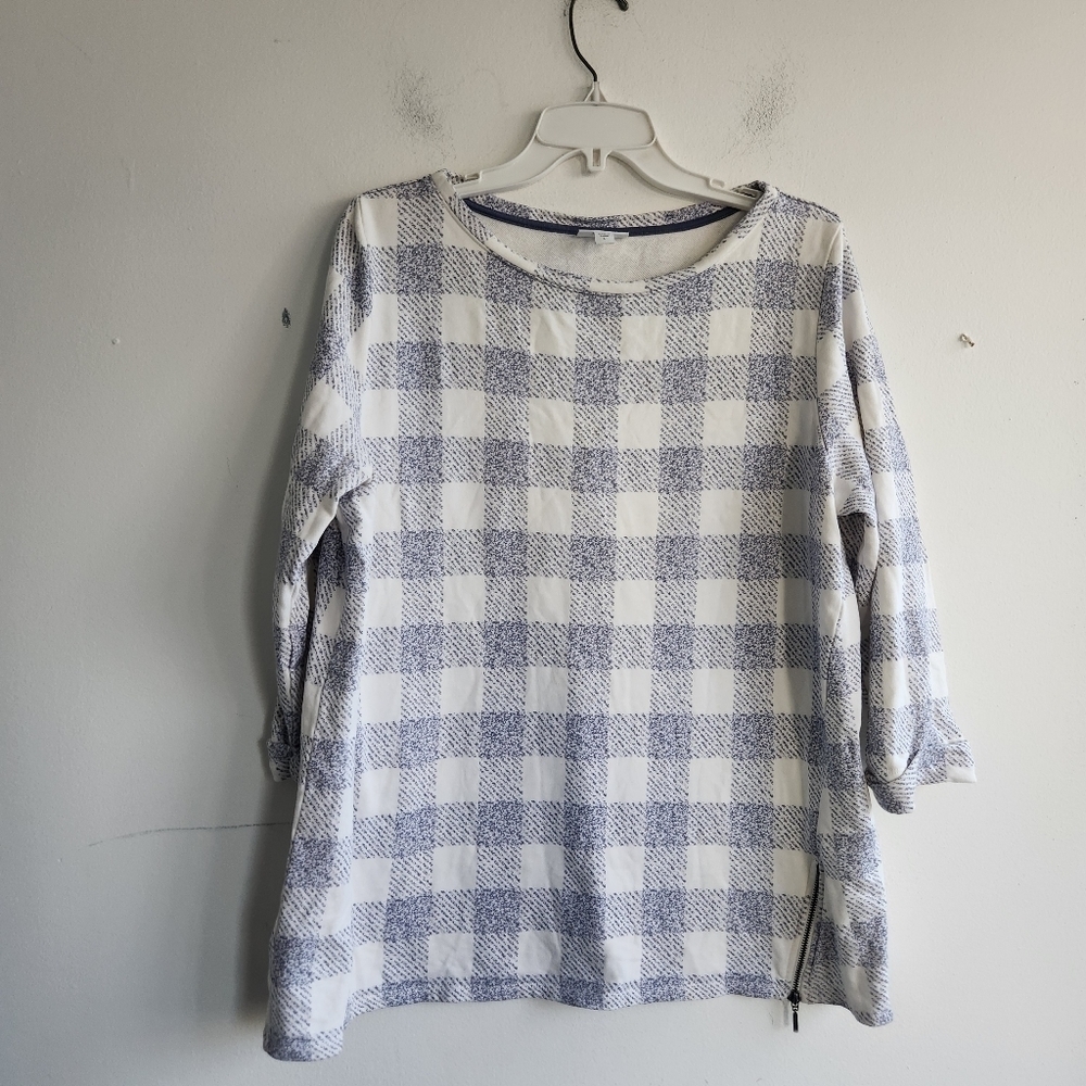 J.Jill Women White/Blue Plaid 3/4 Sleeve Modal Cotton Sweatshirt size Large